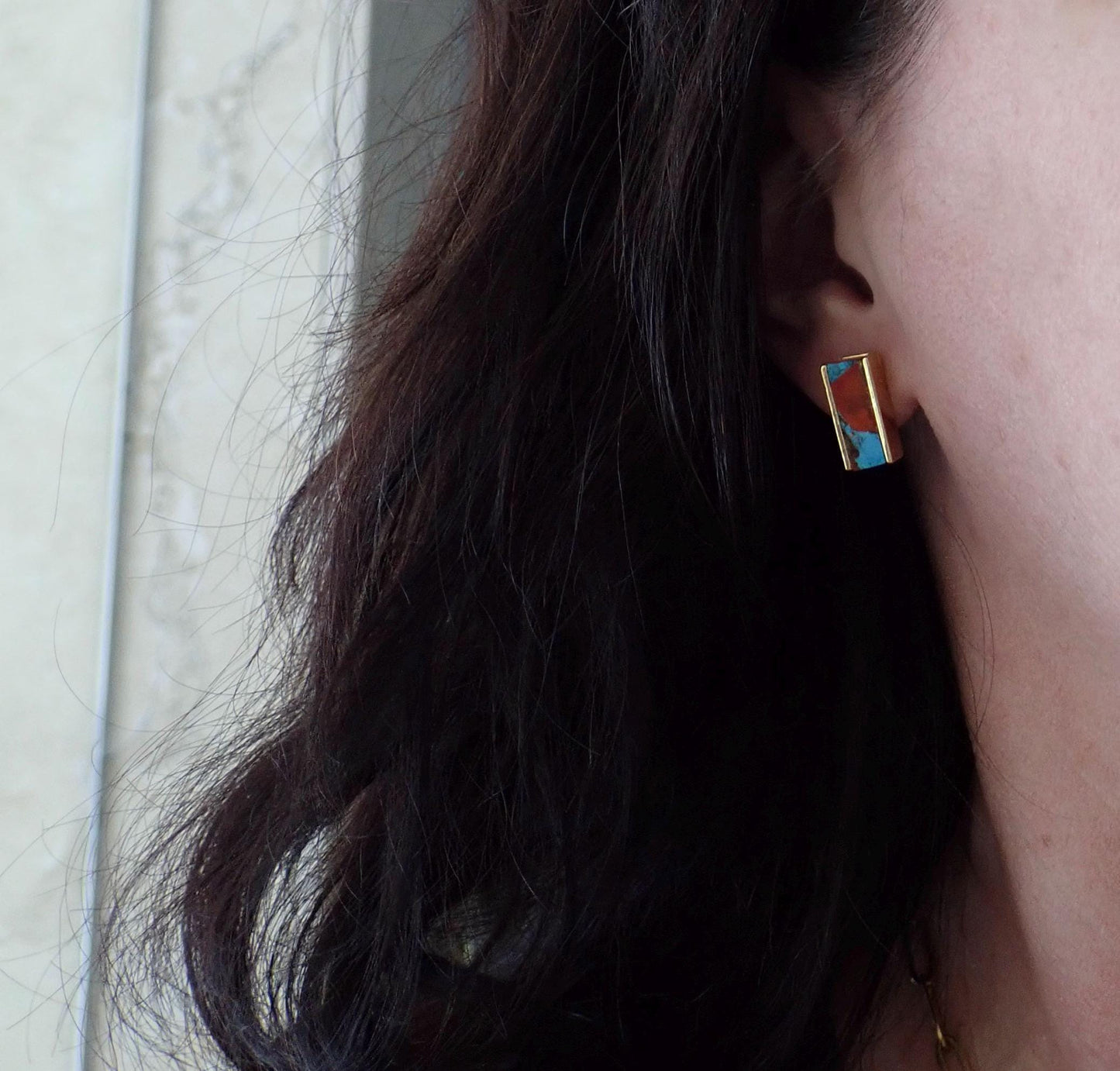 Mojave Oyster Turquoise Stud Earrings- Gold , Rectangle Bar Design, Blue and Orange