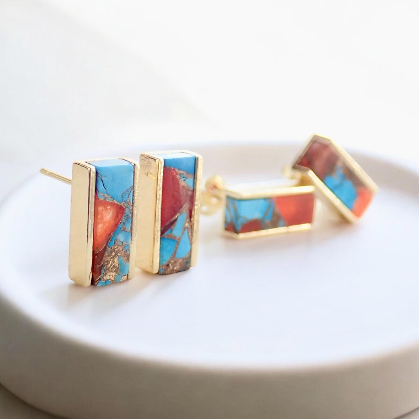 Mojave Oyster Turquoise Stud Earrings- Gold , Rectangle Bar Design, Blue and Orange