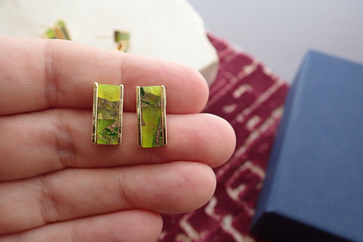 Mojave Stud Earrings • Peridot Earrings Gold • August Birthstone Gift • Green Gemstone Studs • Boho Colorful Jewelry • Gemstone Bar Earrings