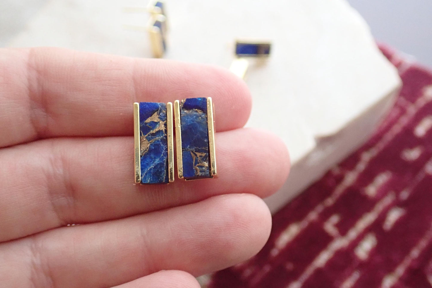 Sapphire Mojave Stud Earrings, Blue Jade Earrings ,September Birthstone, Blue Gemstone Studs, Sapphire Jewelry, Gemstone Bar Earrings Gold