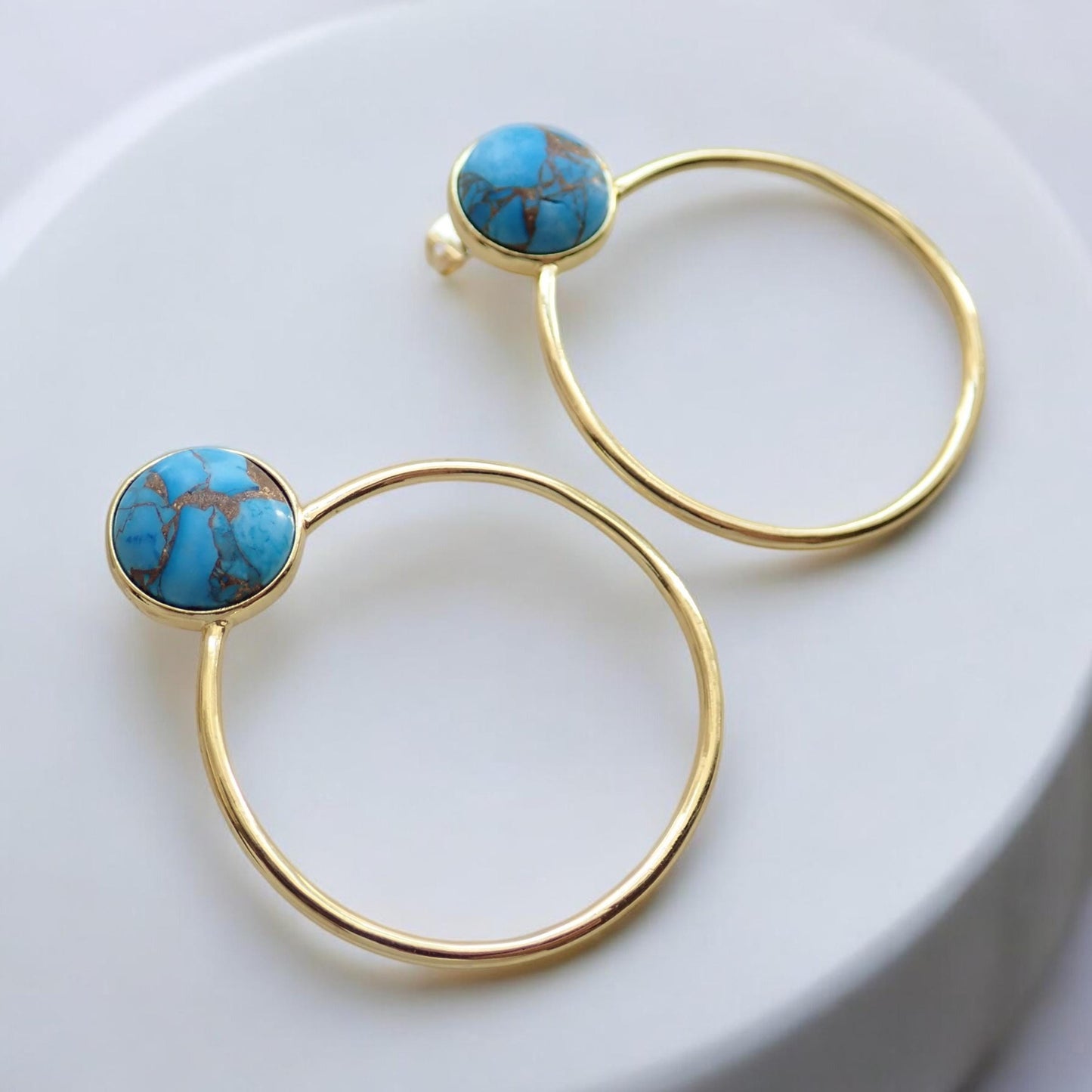 Turquoise Hoop Earrings, Mojave Turquoise Earrings Gold, December Birthstone Gift, Gemstone Hoops, Boho Gemstone Jewelry, Medium Gold Hoops