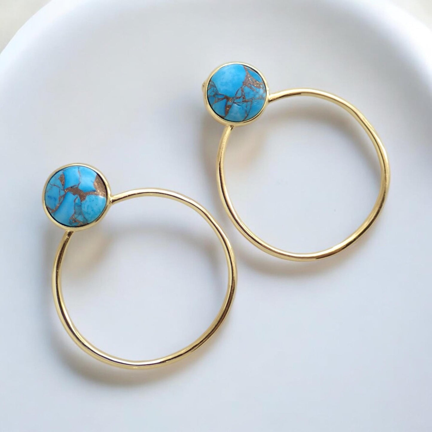 Turquoise Hoop Earrings, Mojave Turquoise Earrings Gold, December Birthstone Gift, Gemstone Hoops, Boho Gemstone Jewelry, Medium Gold Hoops