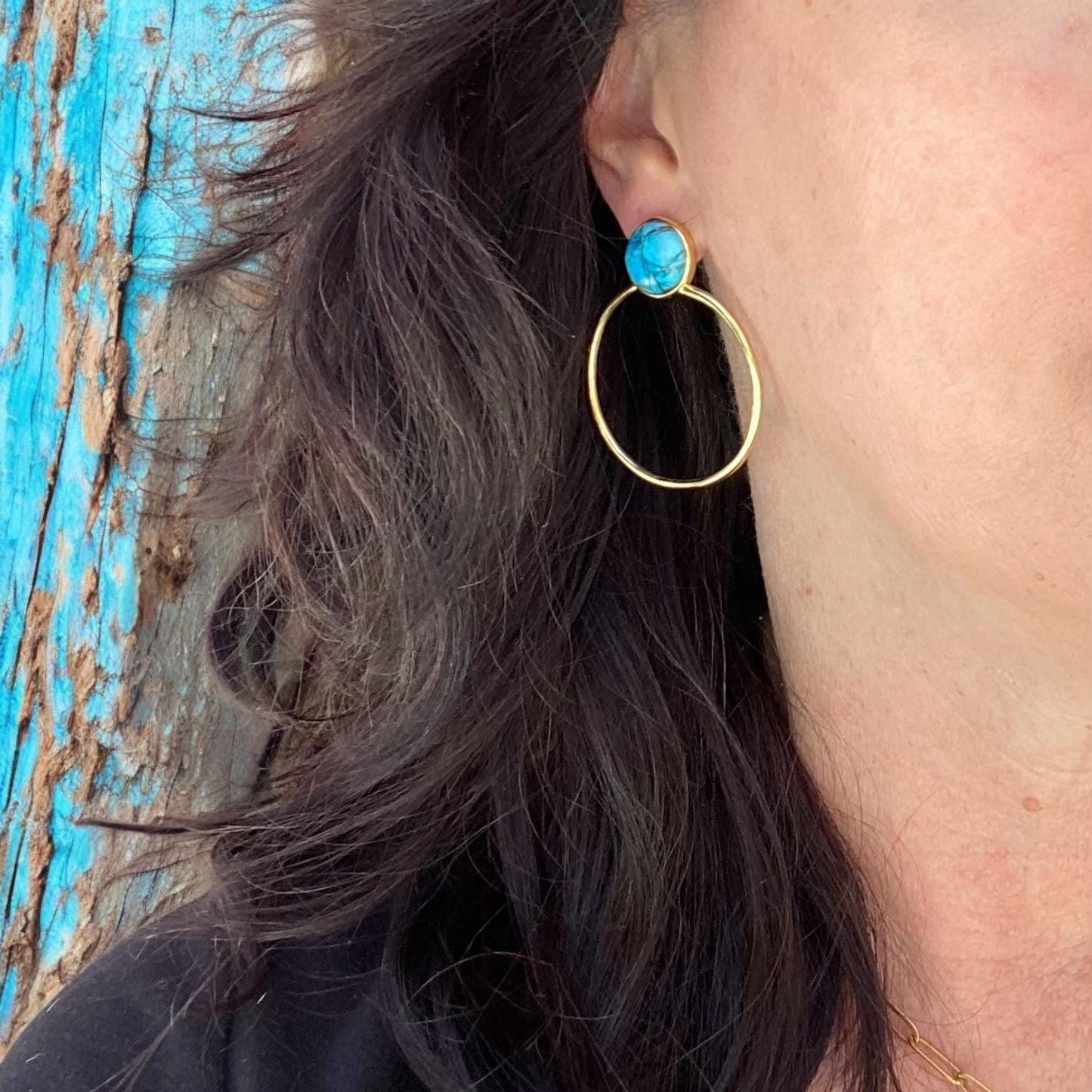 Turquoise Hoop Earrings, Mojave Turquoise Earrings Gold, December Birthstone Gift, Gemstone Hoops, Boho Gemstone Jewelry, Medium Gold Hoops