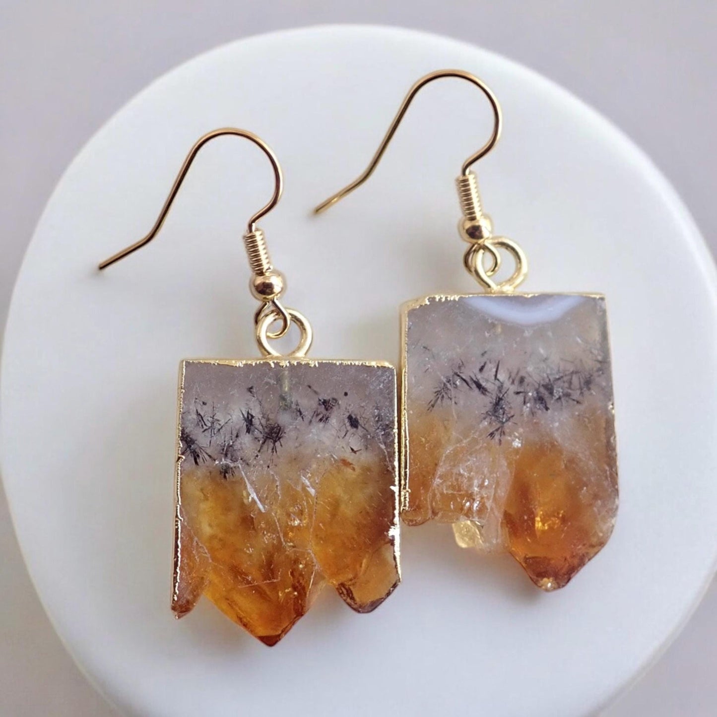 Citrine Slice Dangle Earrings -14K Gold Raw Gemstone Earrings, November Birthstone Jewelry, Boho Crystal Earrings