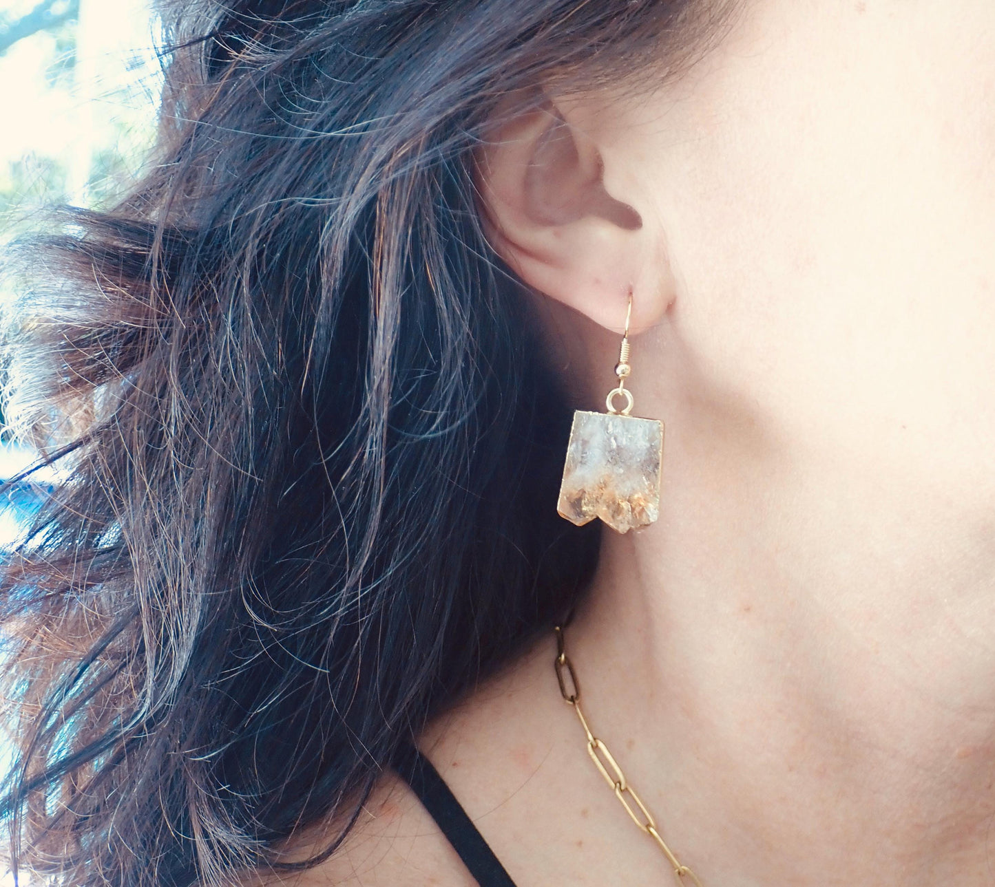 Citrine Slice Dangle Earrings -14K Gold Raw Gemstone Earrings, November Birthstone Jewelry, Boho Crystal Earrings