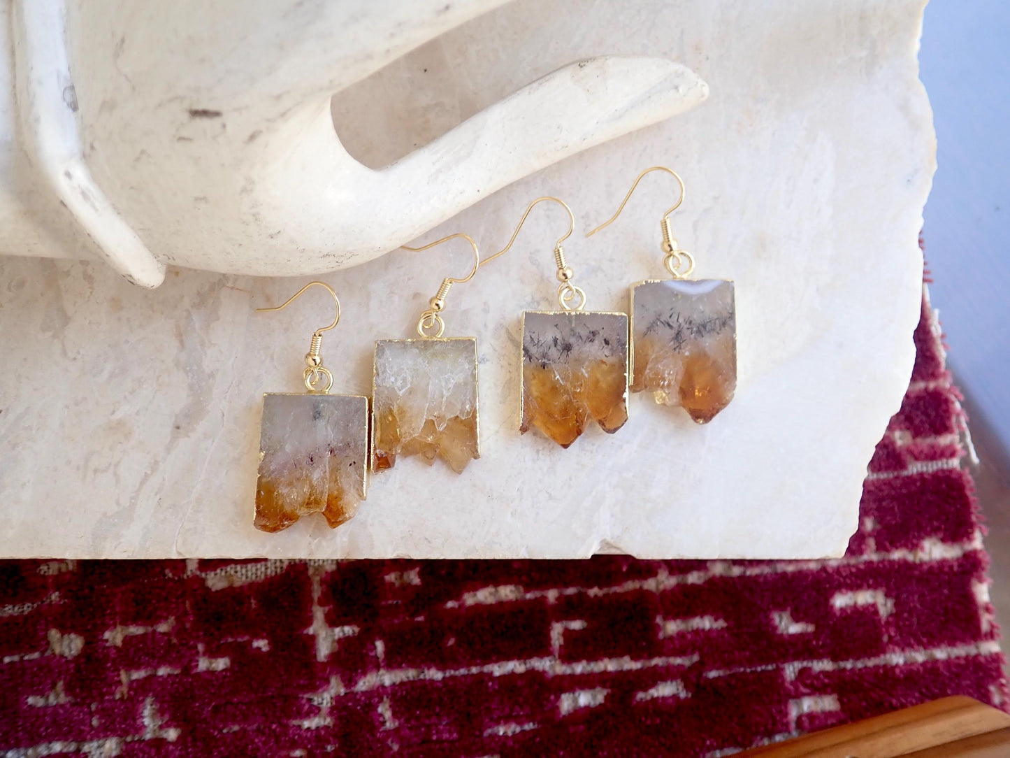 Citrine Slice Dangle Earrings -14K Gold Raw Gemstone Earrings, November Birthstone Jewelry, Boho Crystal Earrings