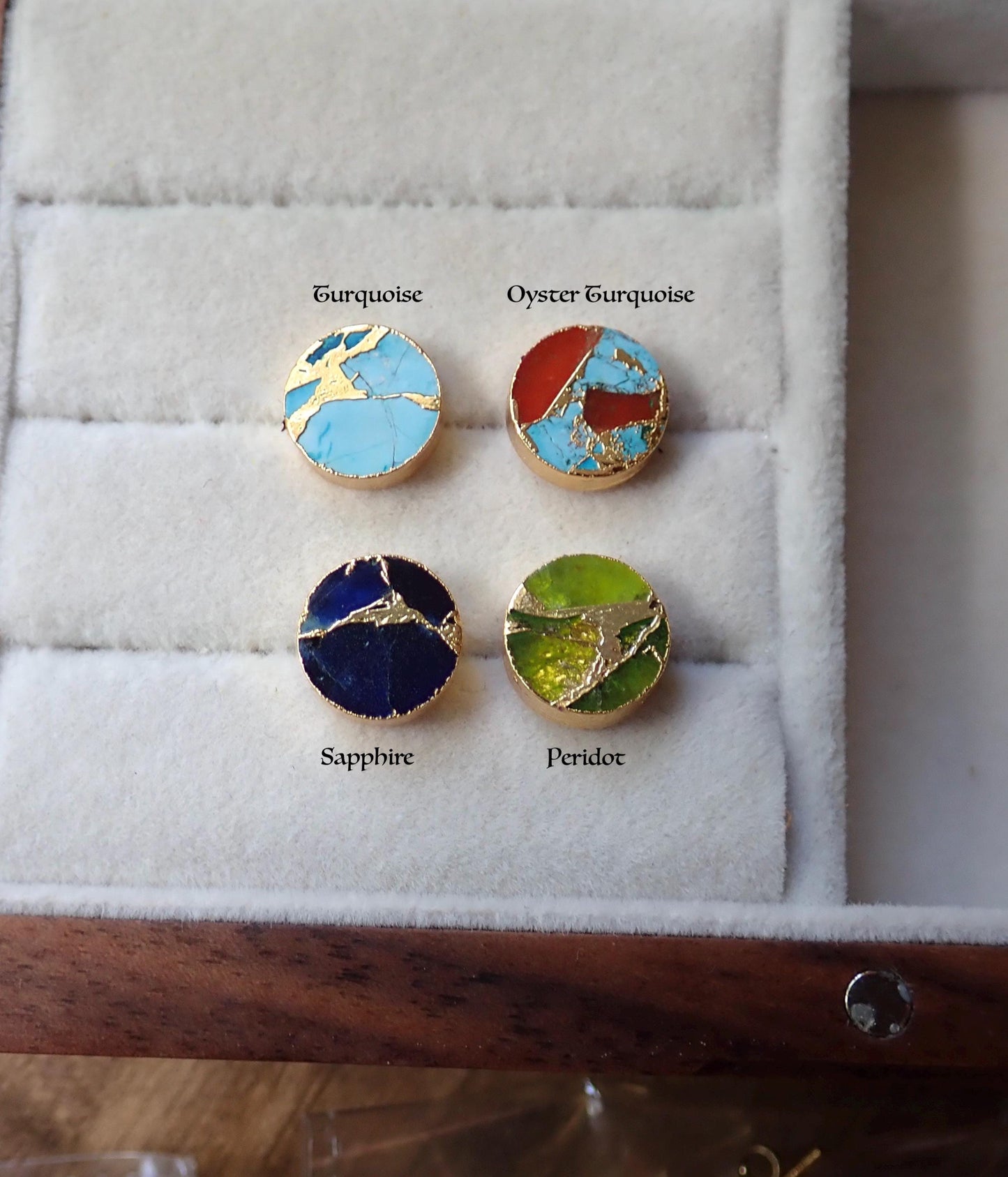 Round Peridot Green Mojave Turquoise Stud Earrings  – August Birthstone Gift for Her - Minimalist Boho Post Earrings