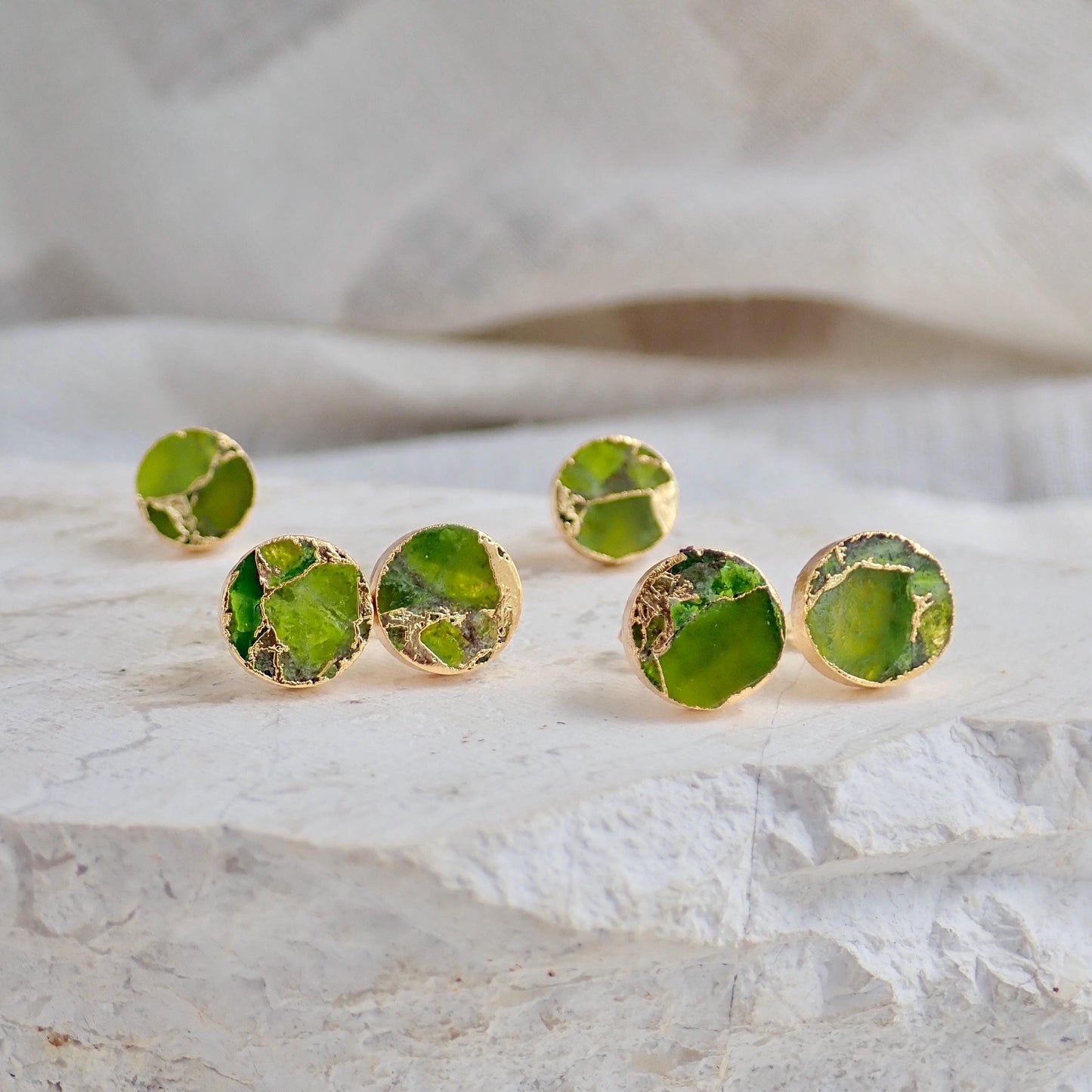 Round Peridot Green Mojave Turquoise Stud Earrings  – August Birthstone Gift for Her - Minimalist Boho Post Earrings