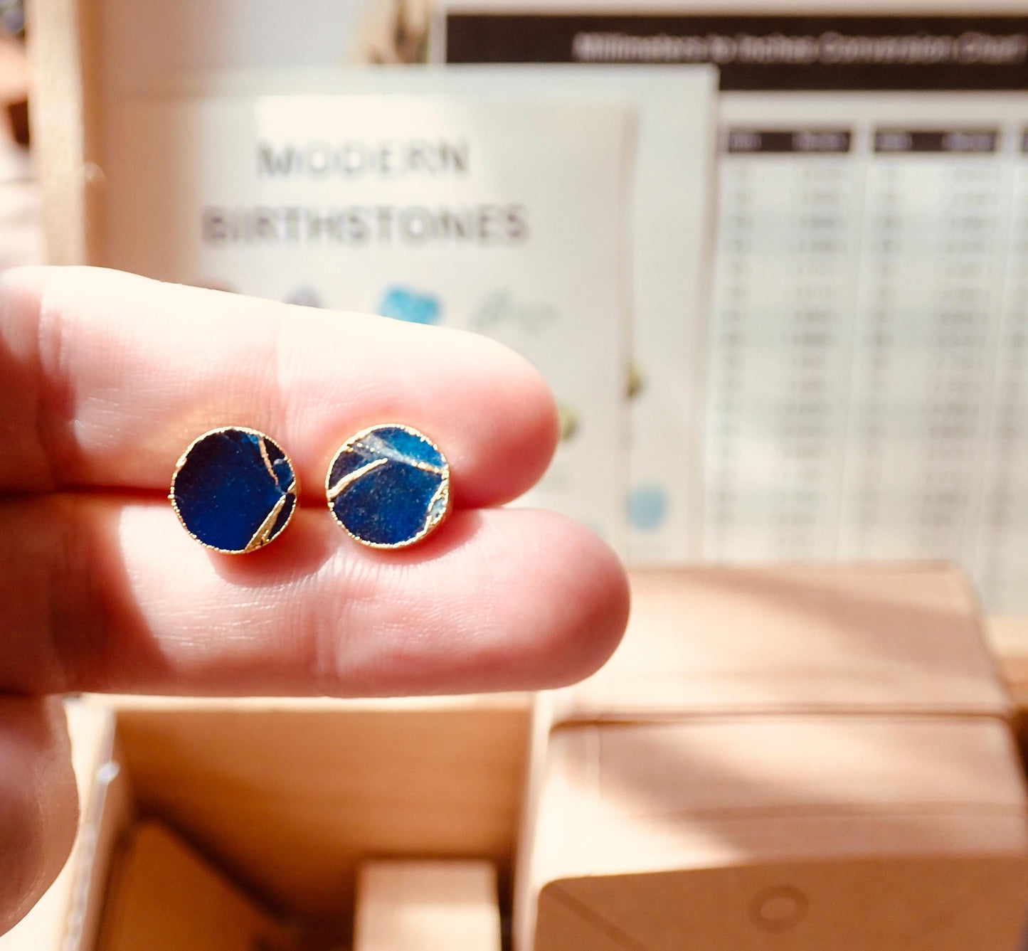 Blue Sapphire Mojave Turquoise Stud Earrings Gold - September Birthstone Gift for Her - Round Minimalist Boho Post Earrings