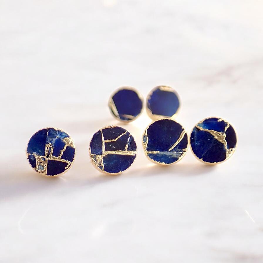 Blue Sapphire Mojave Turquoise Stud Earrings Gold - September Birthstone Gift for Her - Round Minimalist Boho Post Earrings