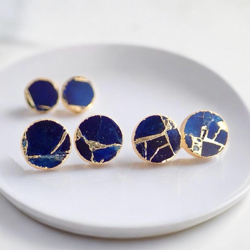 Blue Sapphire Mojave Turquoise Stud Earrings Gold - September Birthstone Gift for Her - Round Minimalist Boho Post Earrings