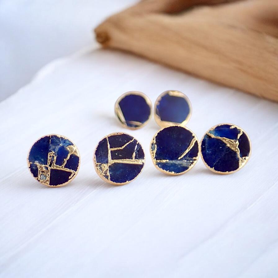 Blue Sapphire Mojave Turquoise Stud Earrings Gold - September Birthstone Gift for Her - Round Minimalist Boho Post Earrings