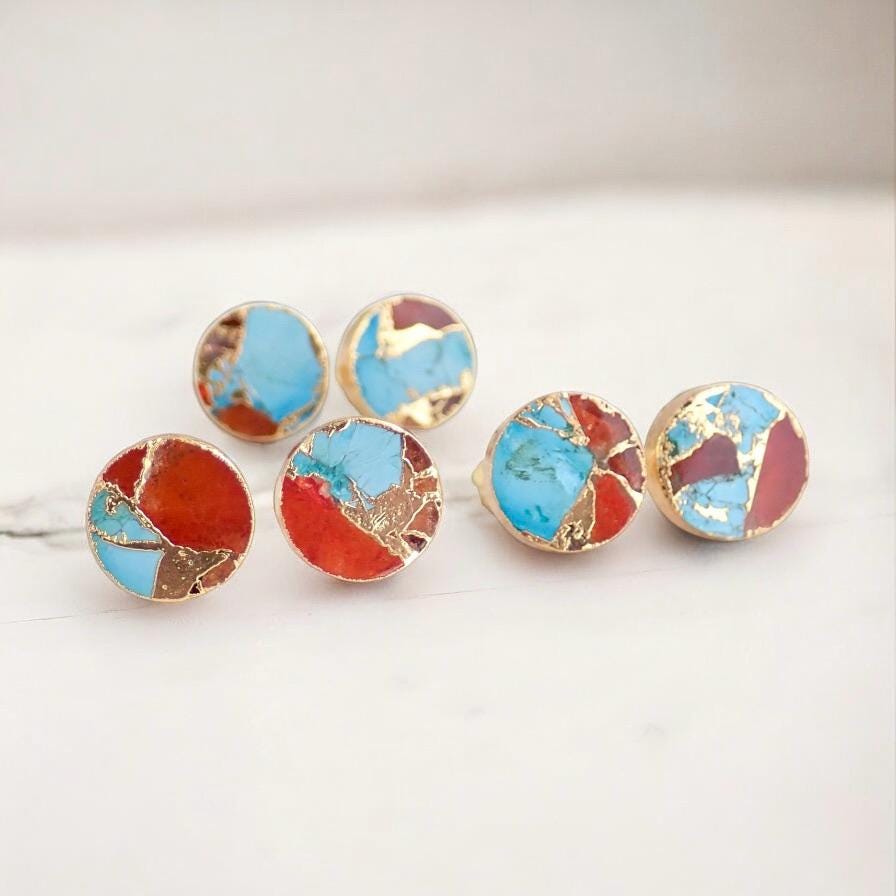 Mojave Oyster Turquoise Stud Earrings Gold, December Birthstone Gift for Her, Round Minimalist Boho Post Earrings