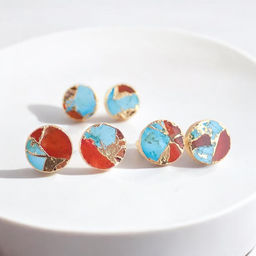 Mojave Oyster Turquoise Stud Earrings Gold, December Birthstone Gift for Her, Round Minimalist Boho Post Earrings