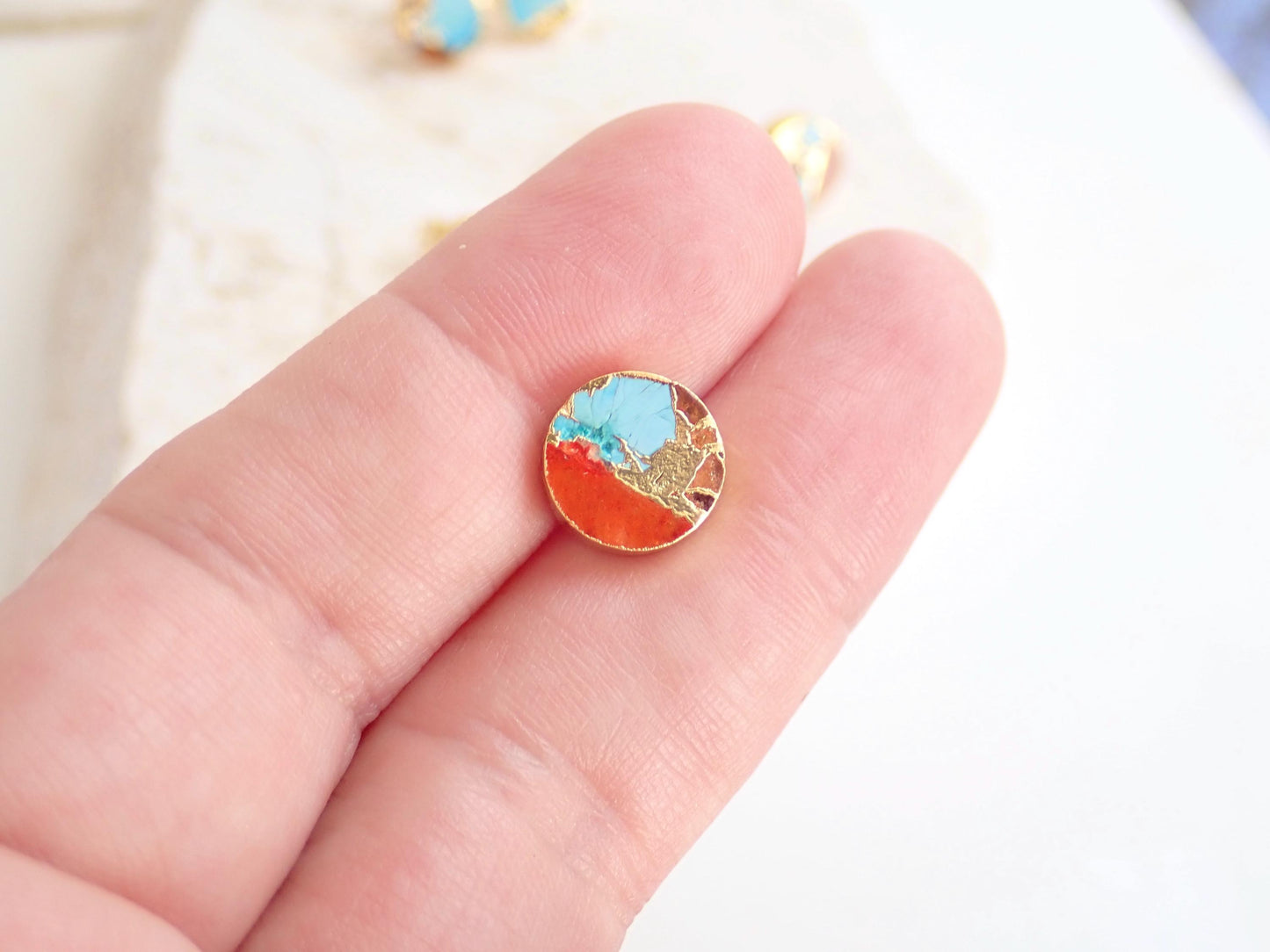 Mojave Oyster Turquoise Stud Earrings Gold, December Birthstone Gift for Her, Round Minimalist Boho Post Earrings