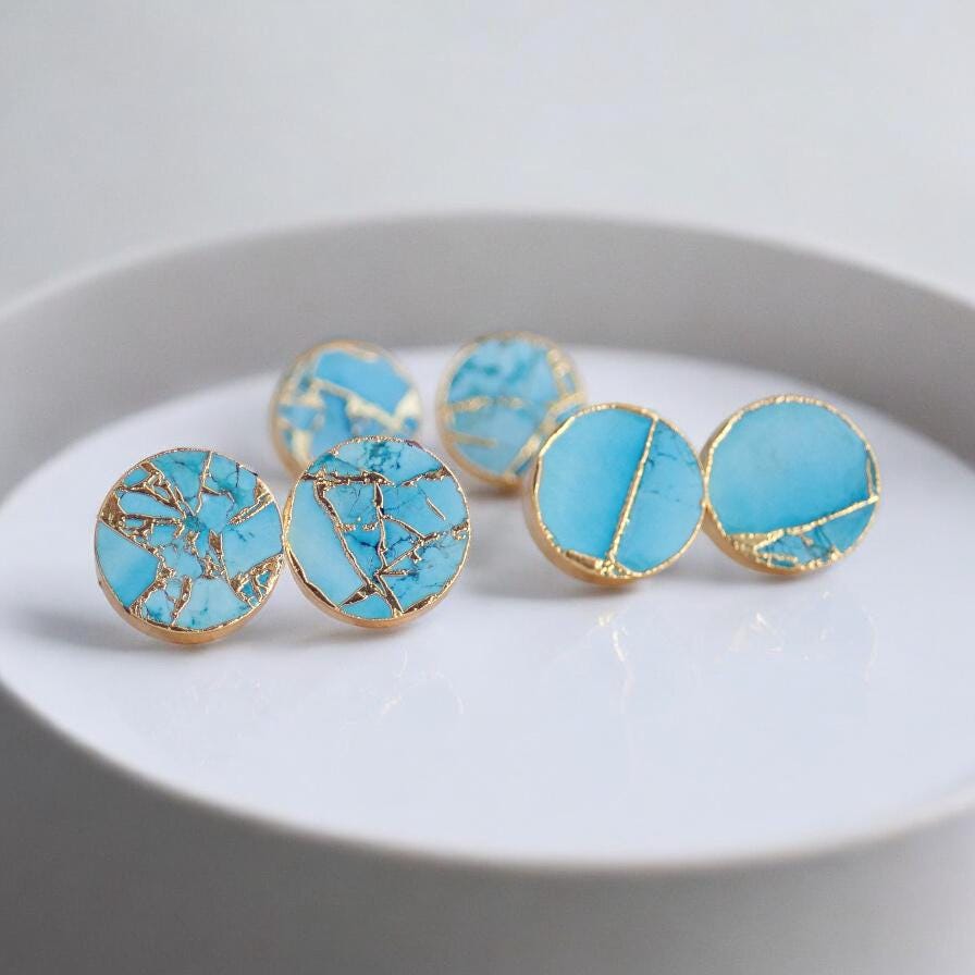 Mojave Turquoise Stud Earrings Gold - December Birthstone Gift for Her -Boho Southwestern Gemstone Earrings