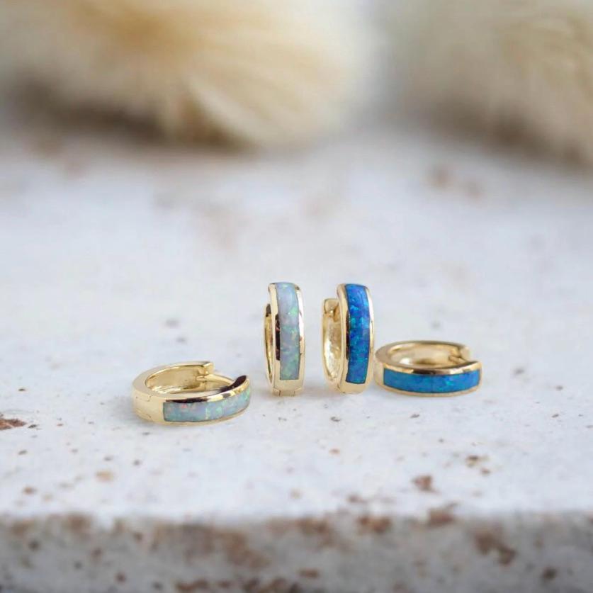 Opal Inlay Huggie Hoops, Small Opal Hoop Earrings,Dainty Gold Gemstone Hoops,Small White Opal Hoops, Opal Jewelry, October Birthstone Gift
