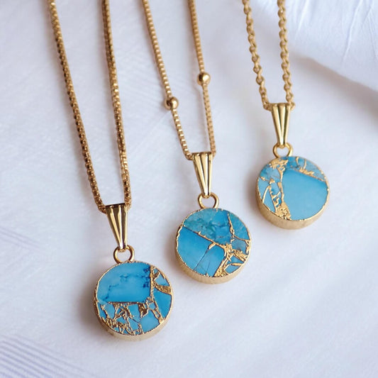 Turquoise Pendant Necklace Gold, Gemstone Coin Pendant, Mojave Turquoise Necklace,December Birthstone Gift for Her,Dainty Minimalist Jewelry