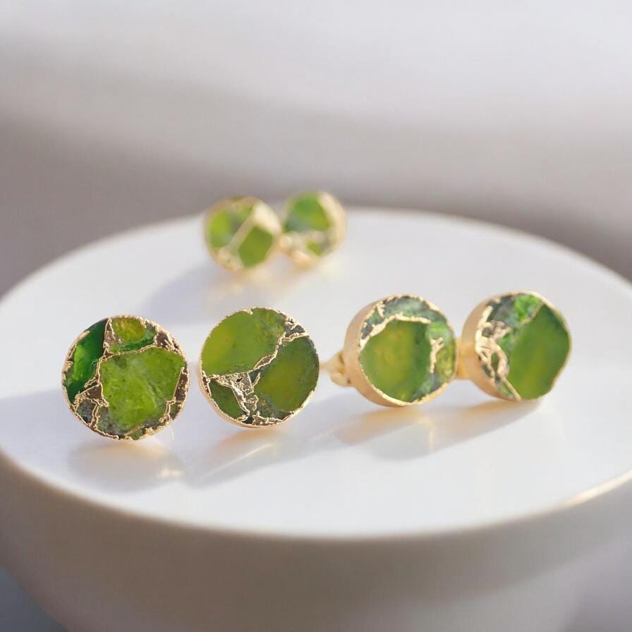 Round Peridot Green Mojave Turquoise Stud Earrings  – August Birthstone Gift for Her - Minimalist Boho Post Earrings