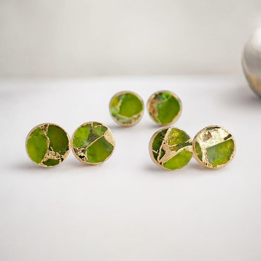 Round Peridot Green Mojave Turquoise Stud Earrings  – August Birthstone Gift for Her - Minimalist Boho Post Earrings