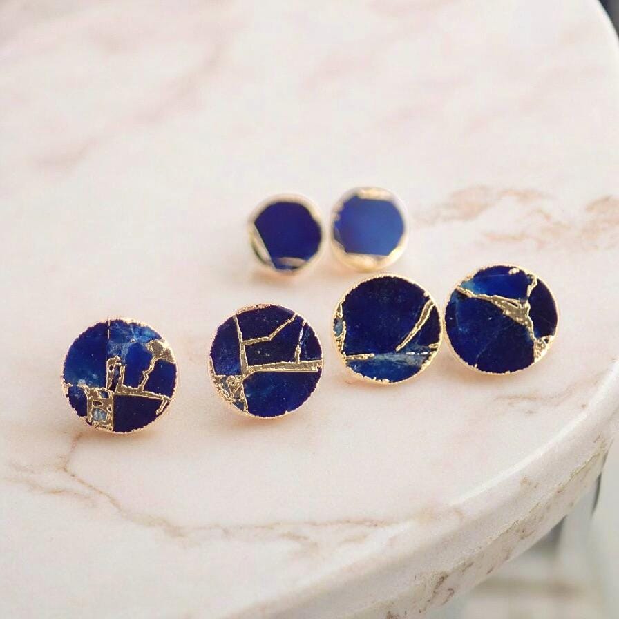 Blue Sapphire Mojave Turquoise Stud Earrings Gold - September Birthstone Gift for Her - Round Minimalist Boho Post Earrings