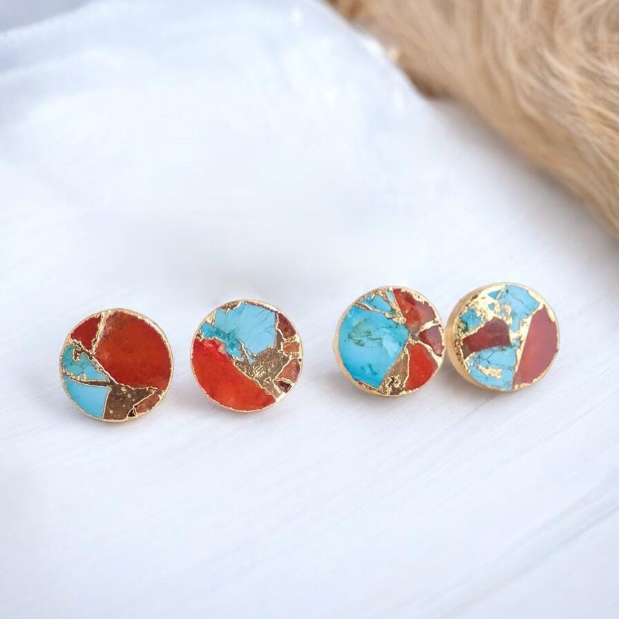 Mojave Oyster Turquoise Stud Earrings Gold, December Birthstone Gift for Her, Round Minimalist Boho Post Earrings