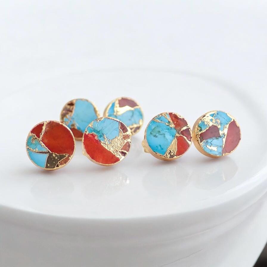 Mojave Oyster Turquoise Stud Earrings Gold, December Birthstone Gift for Her, Round Minimalist Boho Post Earrings