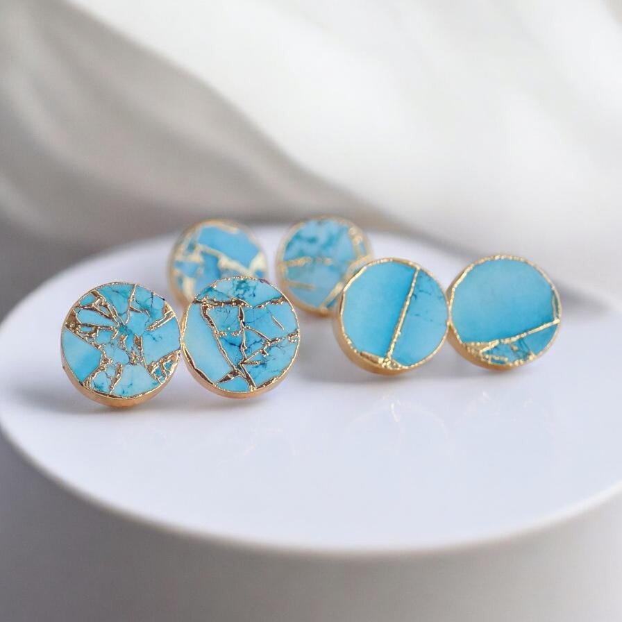 Mojave Turquoise Stud Earrings Gold - December Birthstone Gift for Her -Boho Southwestern Gemstone Earrings