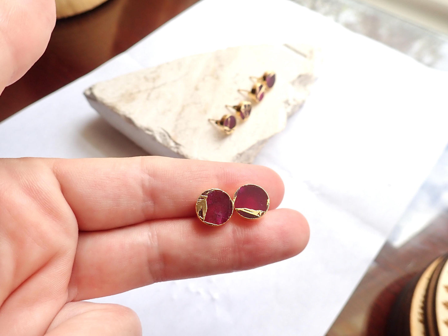 Berry Garnet Stud Earrings – Round Electroformed Gemstone Studs with Gold Veining | Boho Minimalist Jewelry, January Birthstone Gift for Her