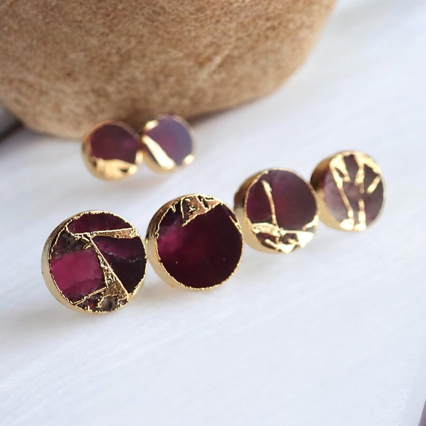 Berry Garnet Stud Earrings – Round Electroformed Gemstone Studs with Gold Veining | Boho Minimalist Jewelry, January Birthstone Gift for Her