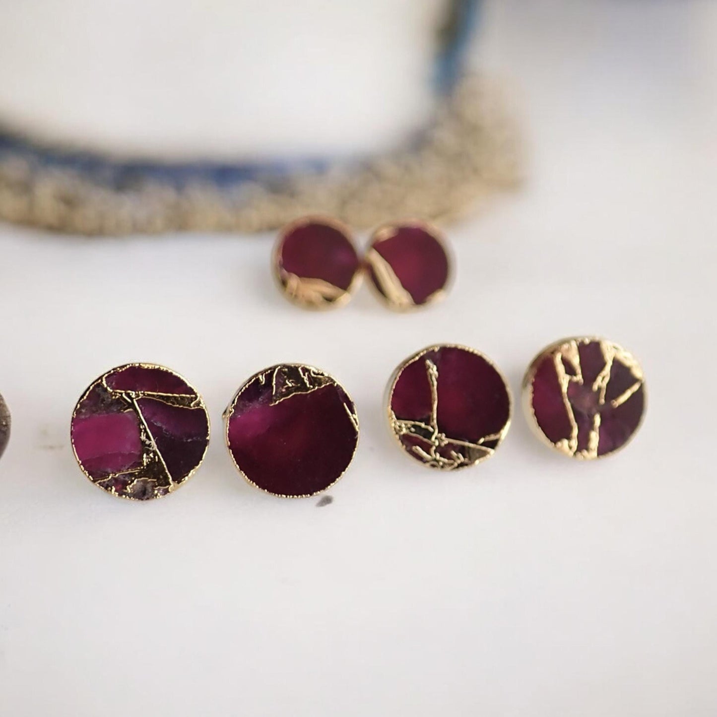 Berry Garnet Stud Earrings – Round Electroformed Gemstone Studs with Gold Veining | Boho Minimalist Jewelry, January Birthstone Gift for Her