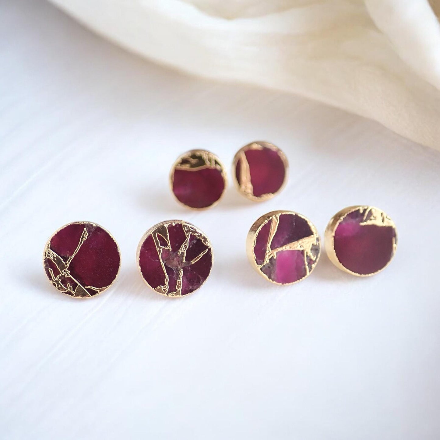Berry Garnet Stud Earrings – Round Electroformed Gemstone Studs with Gold Veining | Boho Minimalist Jewelry, January Birthstone Gift for Her