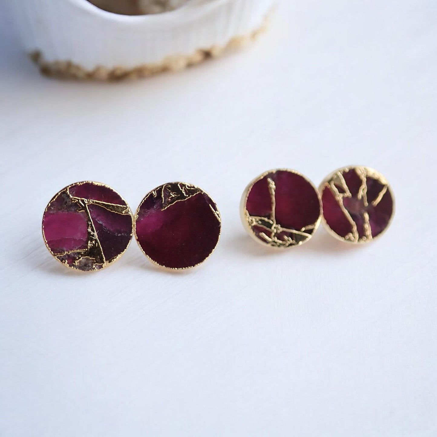 Berry Garnet Stud Earrings – Round Electroformed Gemstone Studs with Gold Veining | Boho Minimalist Jewelry, January Birthstone Gift for Her