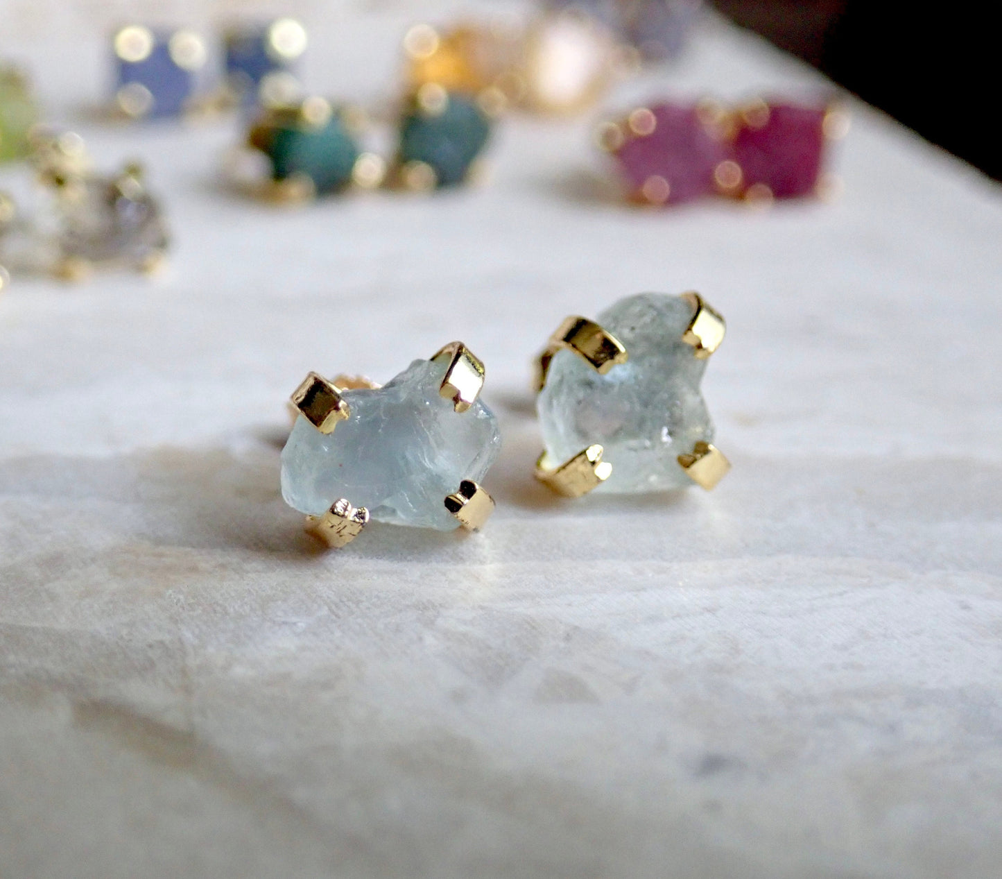 Raw Aquamarine Stud Earrings • Natural Gemstone Earrings, 14k Gold Studs, March Birthstone, Raw Crystal Jewelry, Minimalist Gift for Her