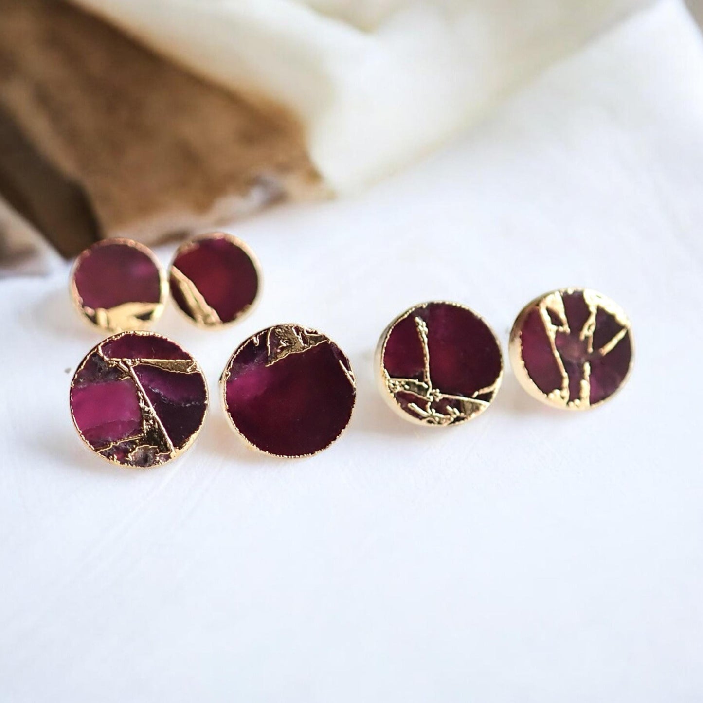 Berry Garnet Stud Earrings – Round Electroformed Gemstone Studs with Gold Veining | Boho Minimalist Jewelry, January Birthstone Gift for Her