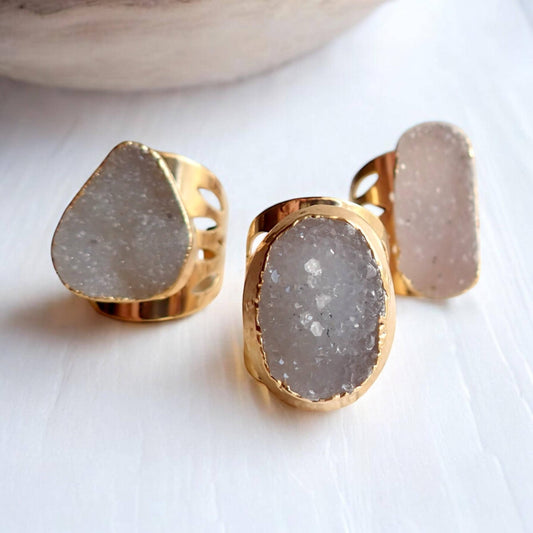 Adjustable Druzy Statement Ring, Agate Cocktail Ring, Large Stone Ring, Natural Gemstone Cocktail Ring,Big Chunky Neutral Gemstone Ring Gold