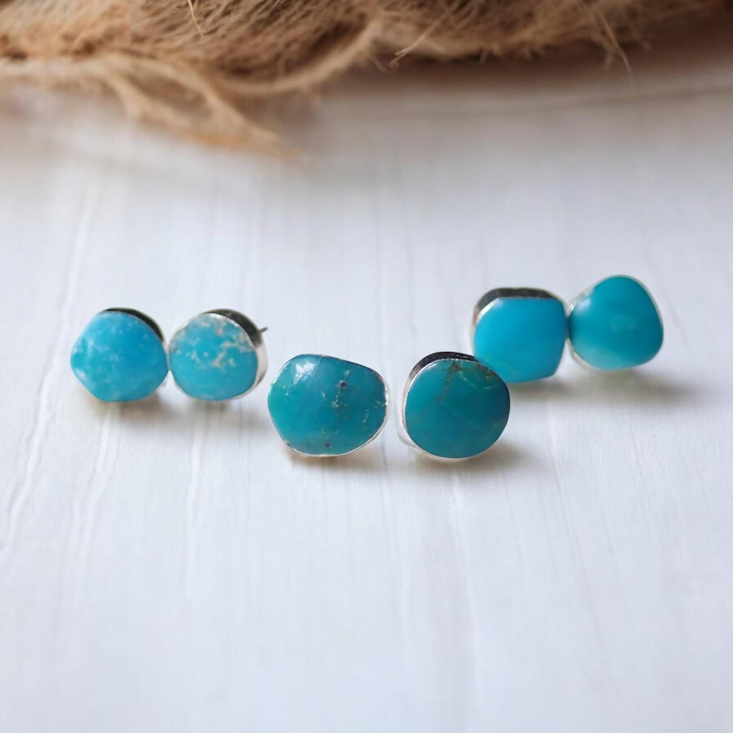 Natural Turquoise Stud Earrings inSilver – Raw Gemstone Post Earrings – December Birthstone – Boho Minimalist Gift for Her,Turquoise Jewelry