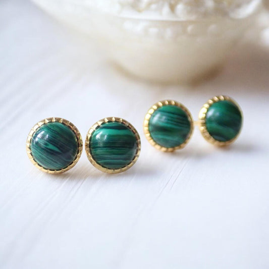 Malachite Stud Earrings Gold  • Green Gemstone Posts • Malachite Jewelry • Small Round Stackable Earrings, Malachite Jewelry, Gift for Her
