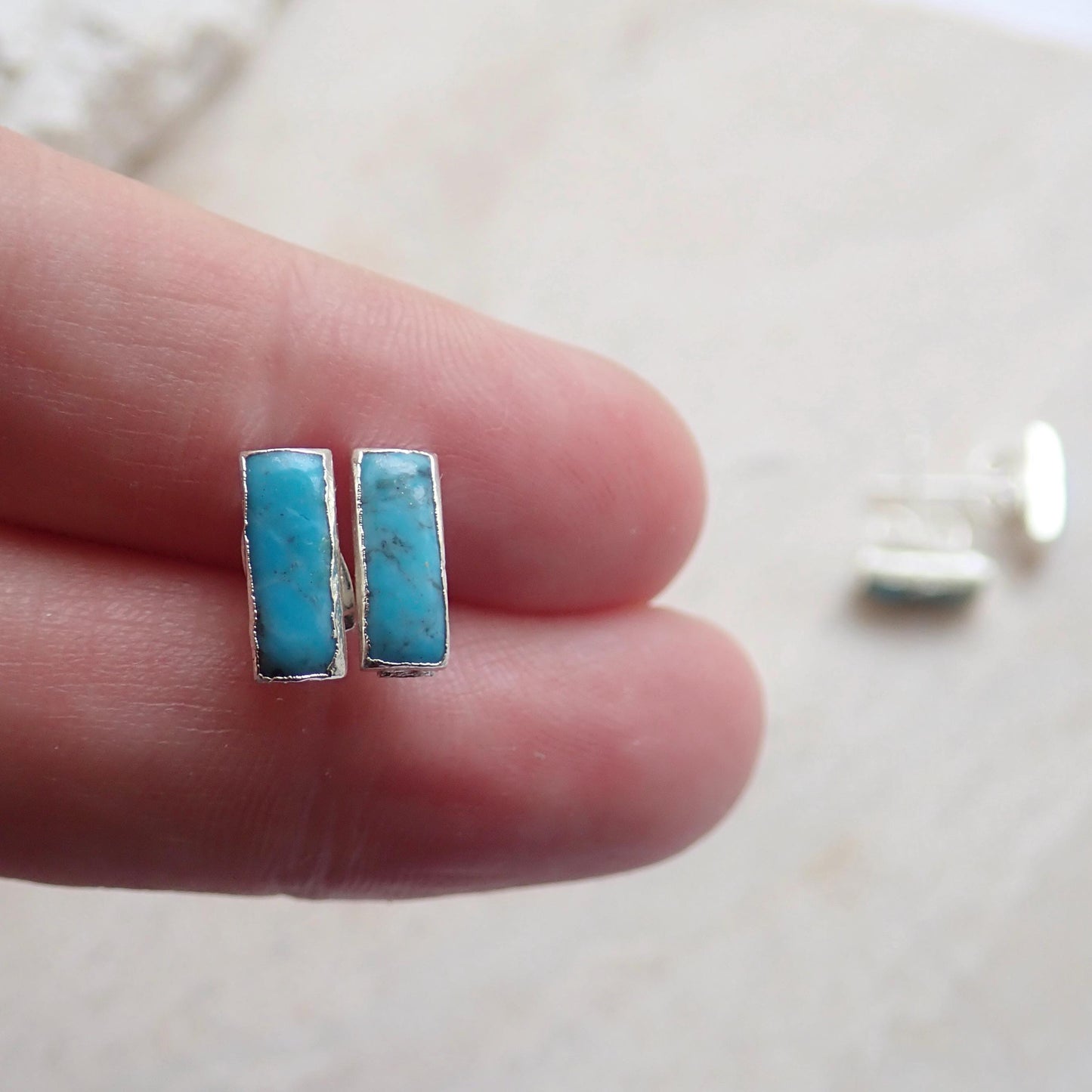 Rectangle Turquoise Stud Earrings, Gemstone Bar Earrings, Dainty Turquoise Posts, Turquoise Jewelry,December Birthstone
