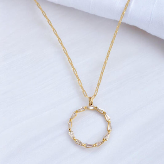 Gold Fill Eternity Necklace with  Baguette Crystals,  Halo Circle Pendant, Dainty Minimalist Jewelry, Gift for Her Everyday Elegant Gift