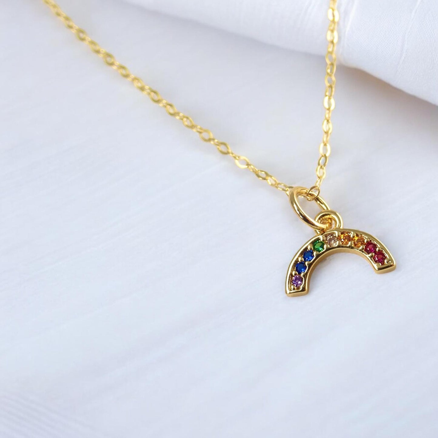 Dainty Rainbow Necklace in 18k Gold, Multi Gemstone Arc Pendant, Pride Jewelry, Colorful Crystal Jewelry Gift for Her, Minimalist Necklace
