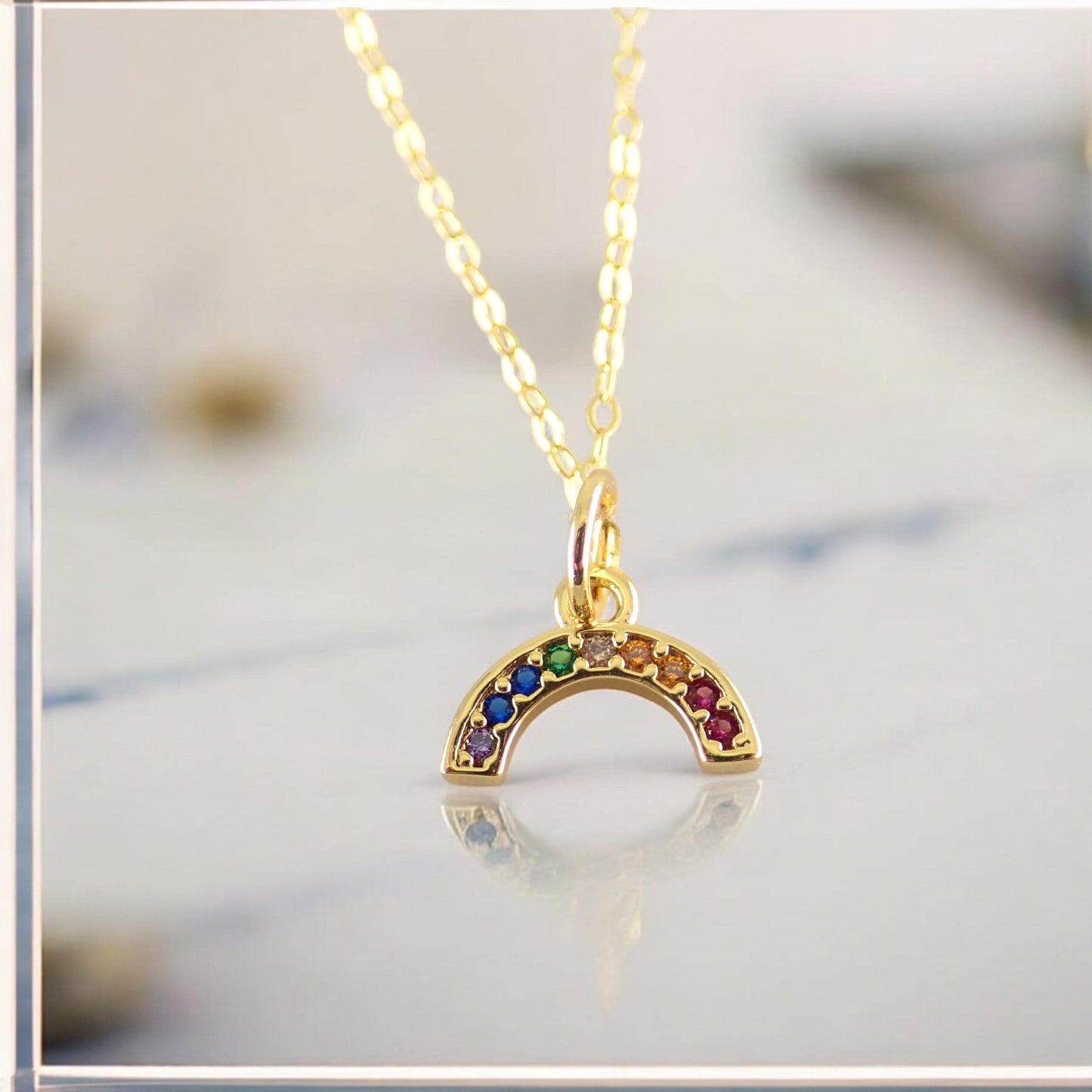 Dainty Rainbow Necklace in 18k Gold, Multi Gemstone Arc Pendant, Pride Jewelry, Colorful Crystal Jewelry Gift for Her, Minimalist Necklace