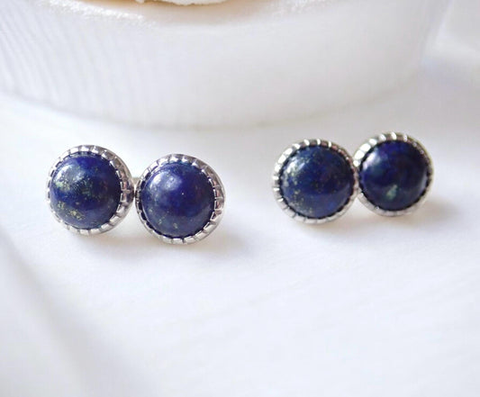 Small Lapis Lazuli Stud Earrings, Round Blue Gemstone Posts, Genuine Lapis Jewelry, Sterling Silver Stackable Studs, Blue Stone Earrings