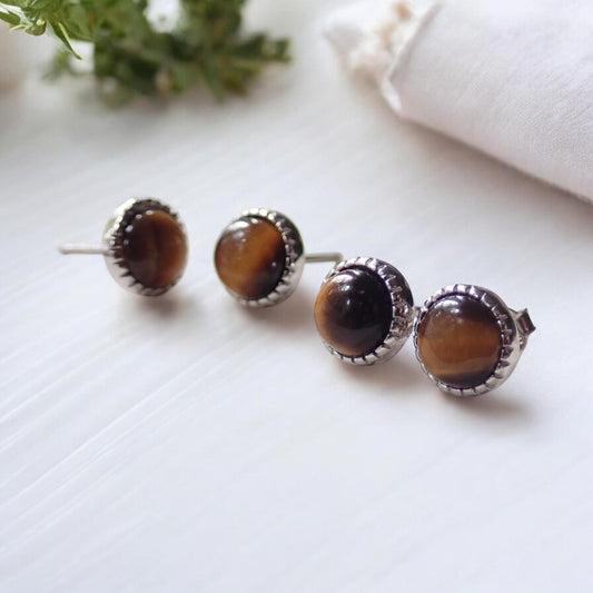 Small Tiger Eye Studs, Dainty Sterling Silver Gemstone Stud Earrings, Hypo Allergenic Earrings, Tiger Eye Earrings, Minimalist Jewelry Gift