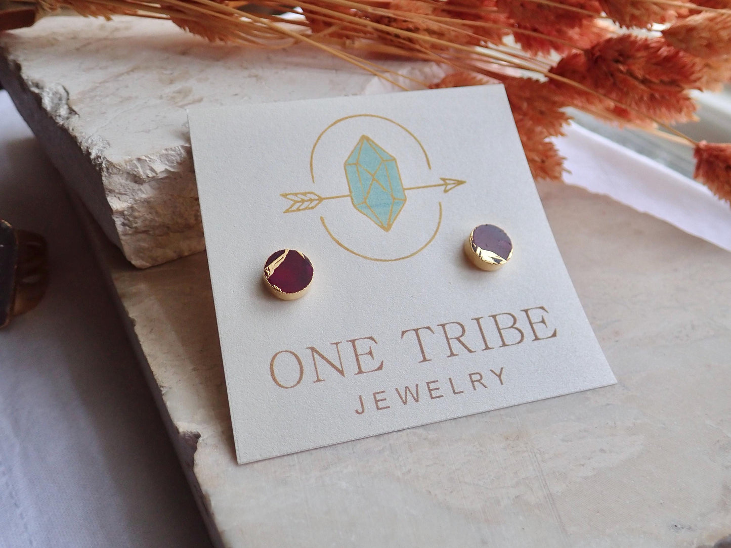 Berry Garnet Stud Earrings – Round Electroformed Gemstone Studs with Gold Veining | Boho Minimalist Jewelry, January Birthstone Gift for Her