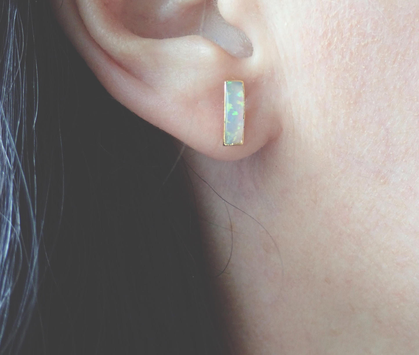 Dainty Opal Bar Stud Earrings | 14k Gold Opal Earrings | October Birthstone Jewelry | Gift for Her, Opal Post Earrings, Opal Stud Earrings