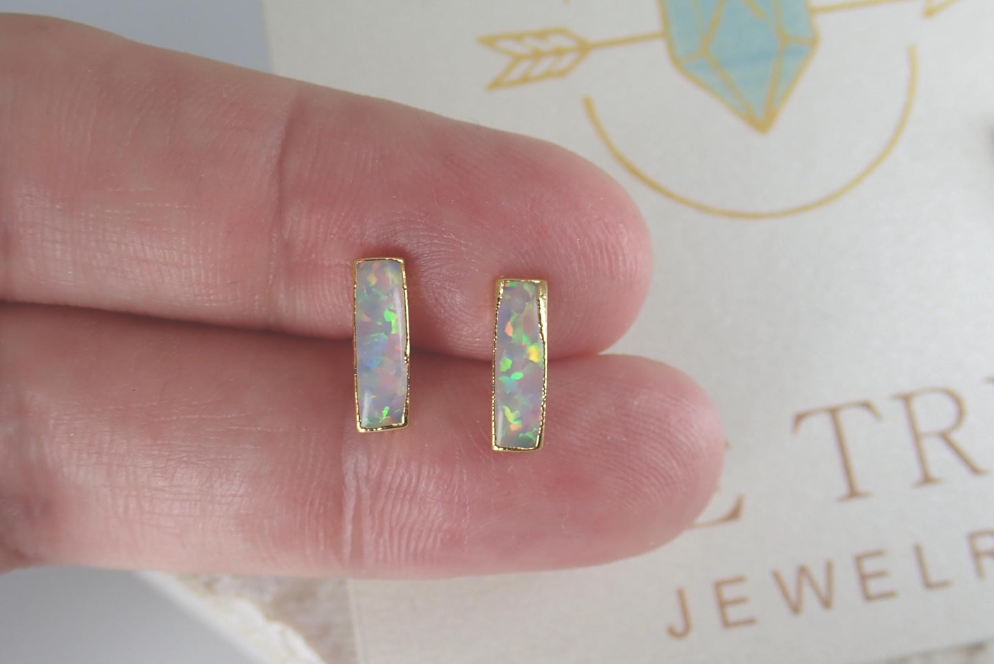 Dainty Opal Bar Stud Earrings | 14k Gold Opal Earrings | October Birthstone Jewelry | Gift for Her, Opal Post Earrings, Opal Stud Earrings