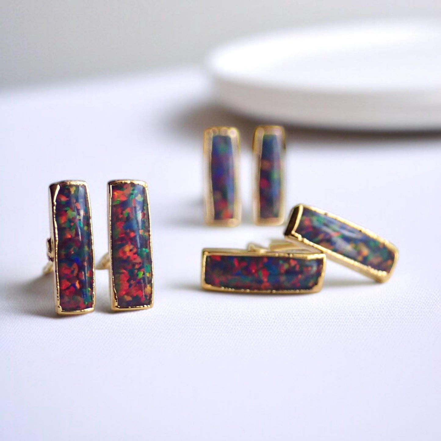 Black Opal Stud Earrings | 14k Gold Opal Bar Earrings | October Birthstone Jewelry, Gift for Her, Opal Post Earrings, Dainty Opal Studs
