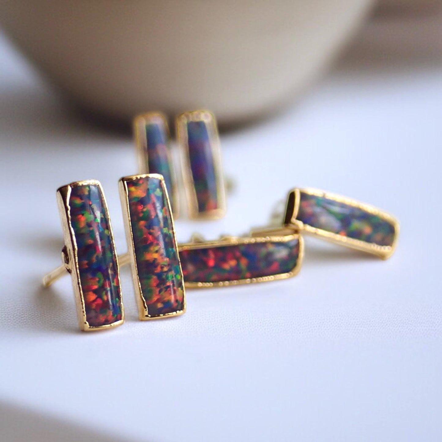 Black Opal Stud Earrings | 14k Gold Opal Bar Earrings | October Birthstone Jewelry, Gift for Her, Opal Post Earrings, Dainty Opal Studs