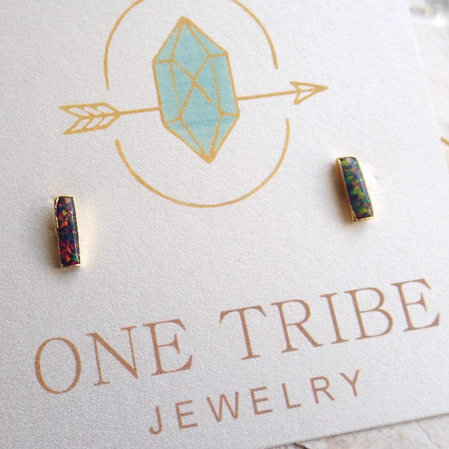 Black Opal Stud Earrings | 14k Gold Opal Bar Earrings | October Birthstone Jewelry, Gift for Her, Opal Post Earrings, Dainty Opal Studs